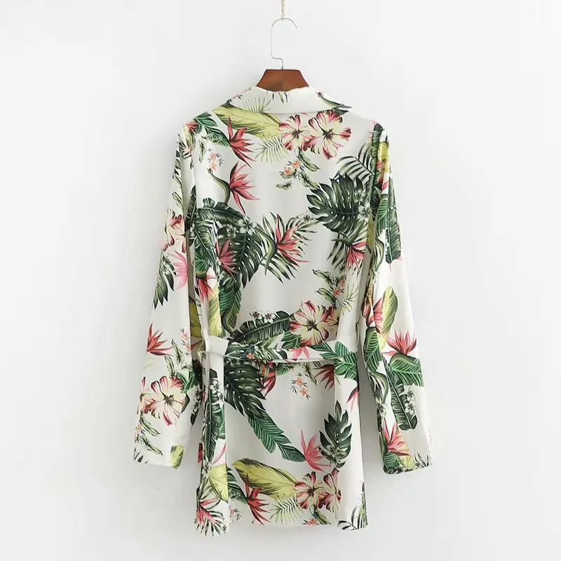 

Bella Philosophy Women Long Sleeve Leaf Print Blazer Vintage Floral Female Loose Sashes Blazer Holiday Lady Blazer Outwears