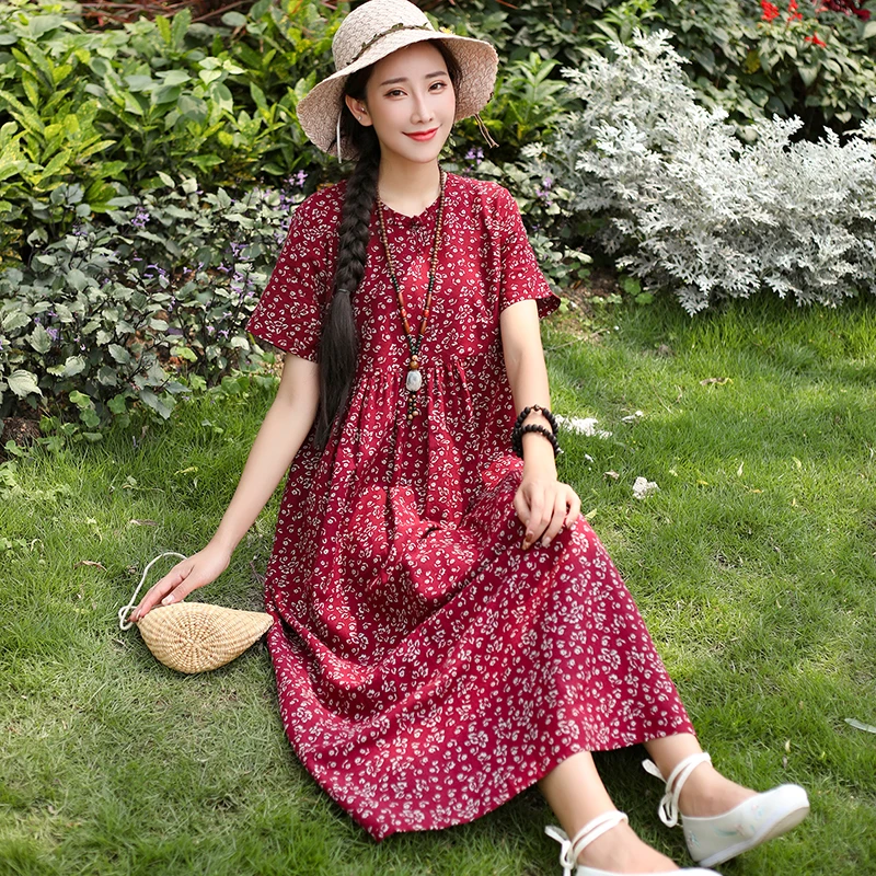 Женское Хлопковое платье в этническом стиле летнее мешковатое с цветочным