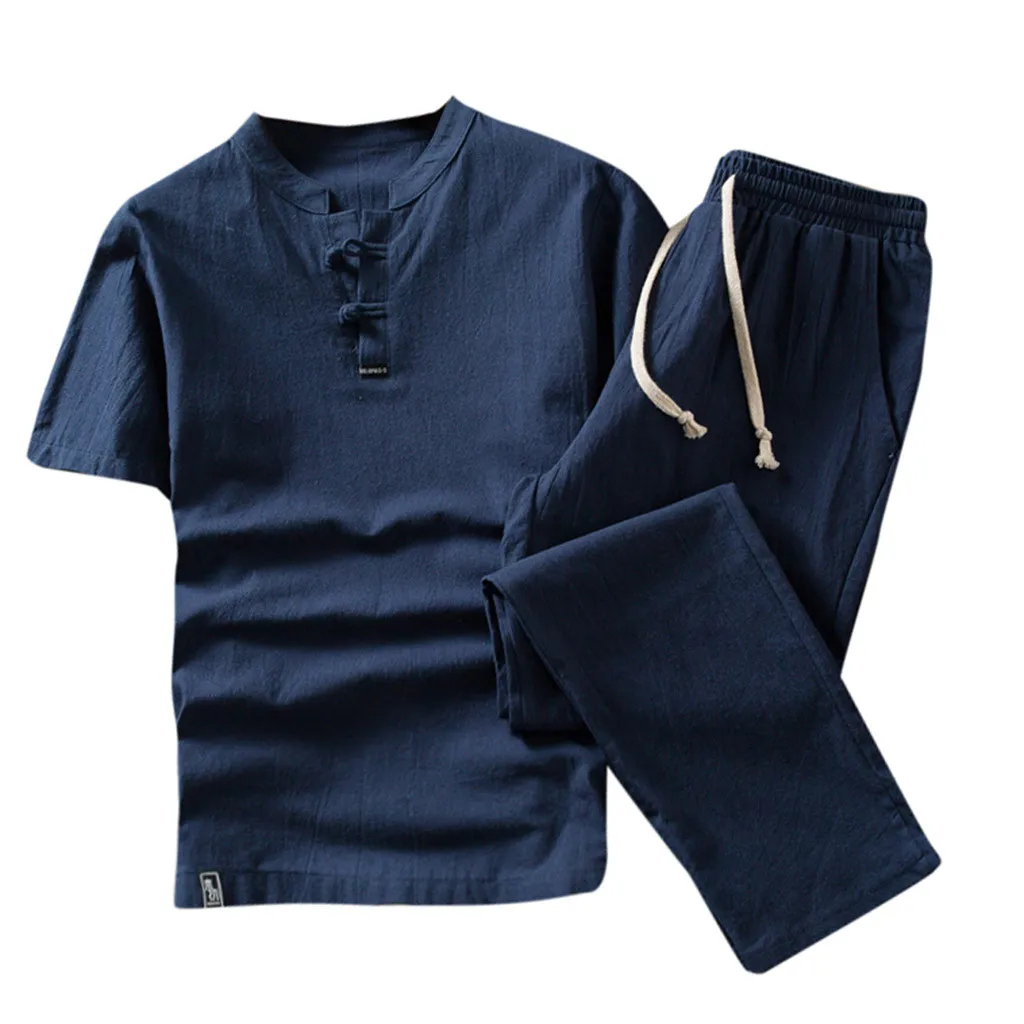 casual mens clothing set 2019 Summer chinese style Cotton Linen comfortable Short Sleeve men shirt pants trousers d90613 | Мужская