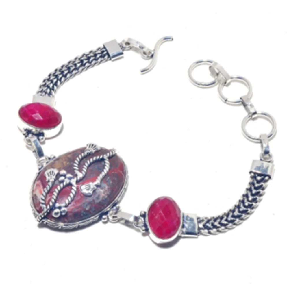 

|Maxican Laguna Lace Agatess,Rubys Bracelet Silver Overlay over Copper, 22cm , B3832
