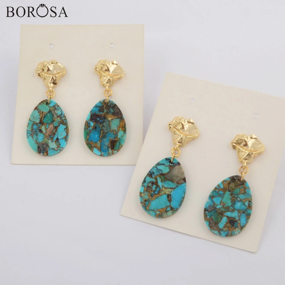 BOROSA Gild Каплевидная форма медь натуральная бирюза ломтик Висячие серьги латунь Howlites синие серьги Камни для леди G1796