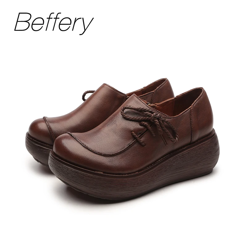 Beffery 2018 Spring Summer style Genuine Leather Flat Platform Shoes Women Retro Round toe Ultra-soft Thick bottom Casual | Обувь