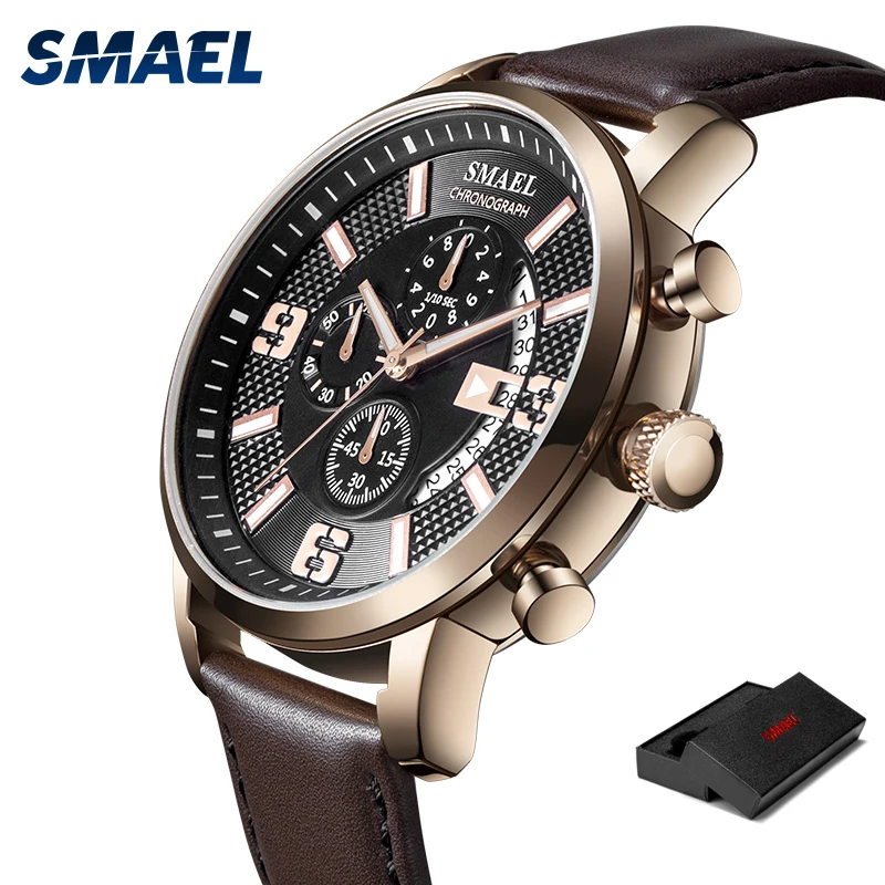SMAEL новые модные мужские часы коричневые кварцевые наручные 30 м
