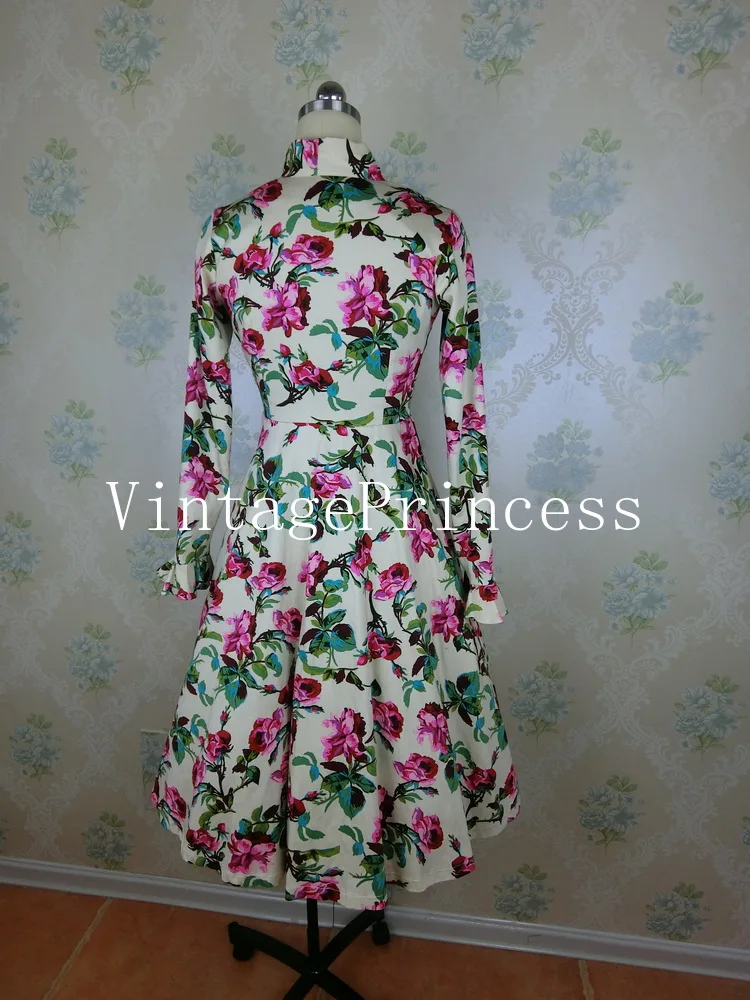 Женское винтажное платье рубашка средней длины с цветочным принтом и длинным