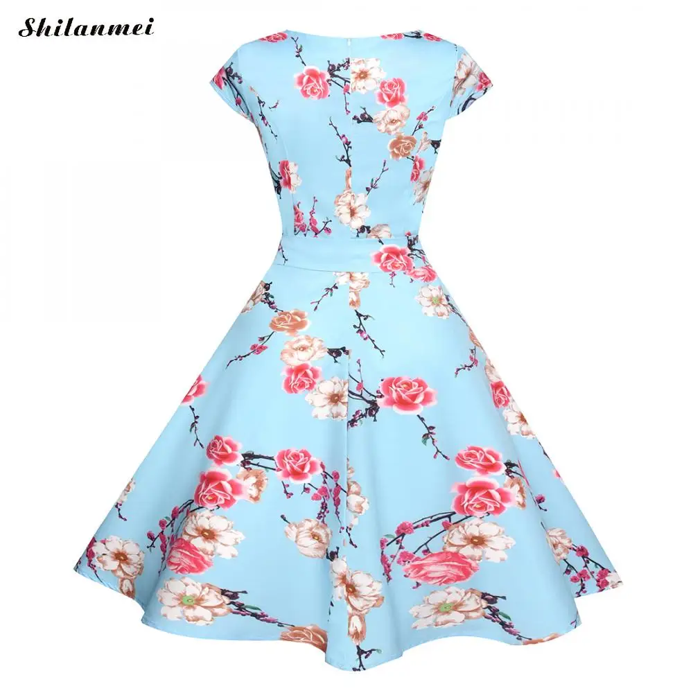 Для женщин Цветочный принт синий миди платья 2018 элегантные летние О-образный