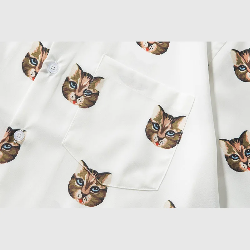 Cat Print Funny Men Shirt Long Sleeve Loose Blouse Button Up Woven Top | Мужская одежда