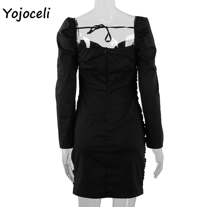 Yojoceli, сексуальное облегающее платье с длинным рукавом на шнуровке, женское винтажное Королевское мини-платье с квадратным вырезом, вечерние эластичные платья