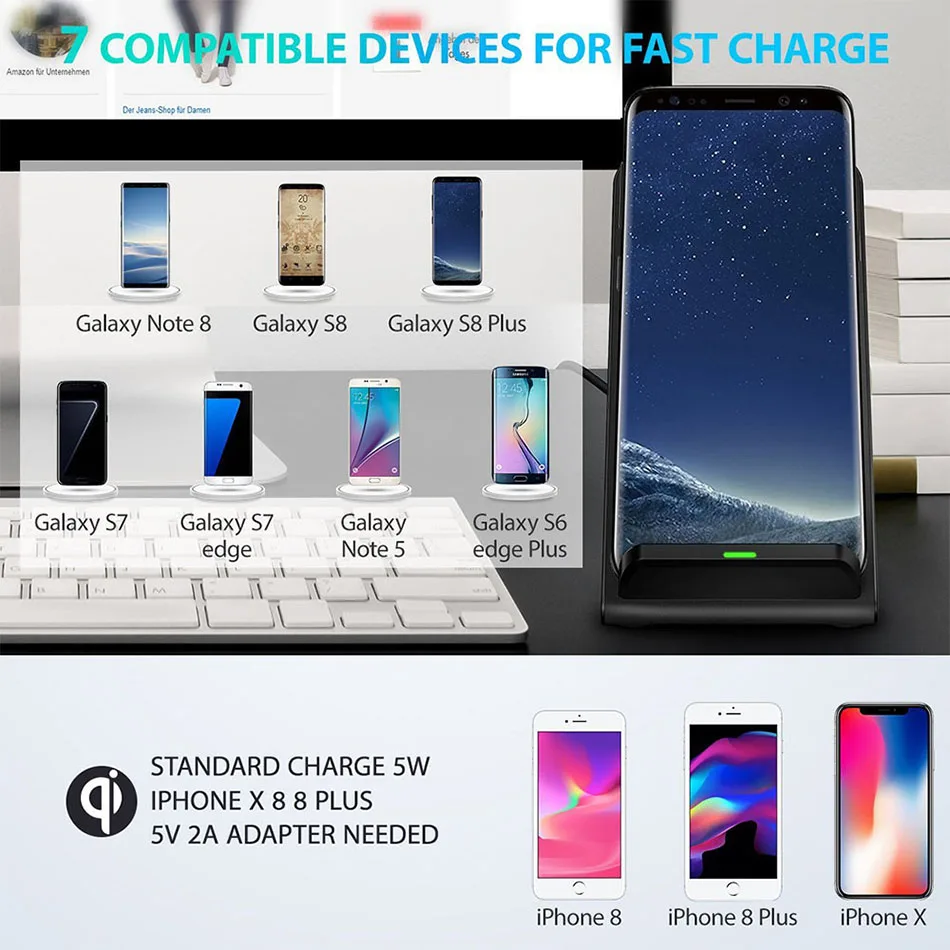 KEPHE 10 Вт QI Беспроводной Зарядное устройство Quick Charge 2,0 быстрой зарядки для iPhone 8 10 X samsung S6 S7 S8 2 катушки Стенд 5 V/2A& 9В/1.67A