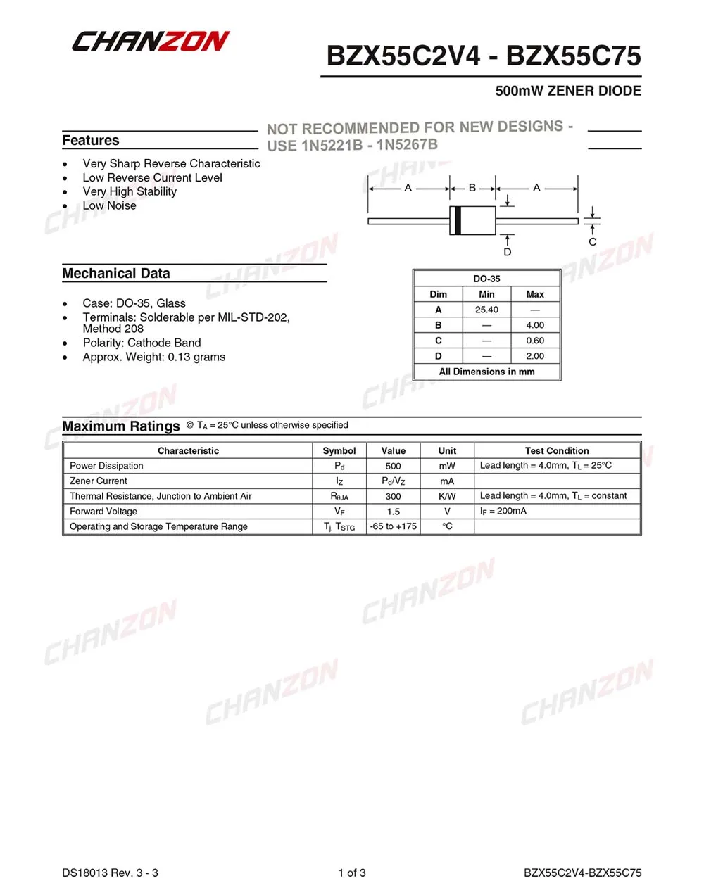 (100 шт.) BZX55C3V0 (1N5225B) Диод Зенера 0 5 Вт 3 В DO-35 (DO-204AH) в IN5225B 1N5225 | Электронные компоненты