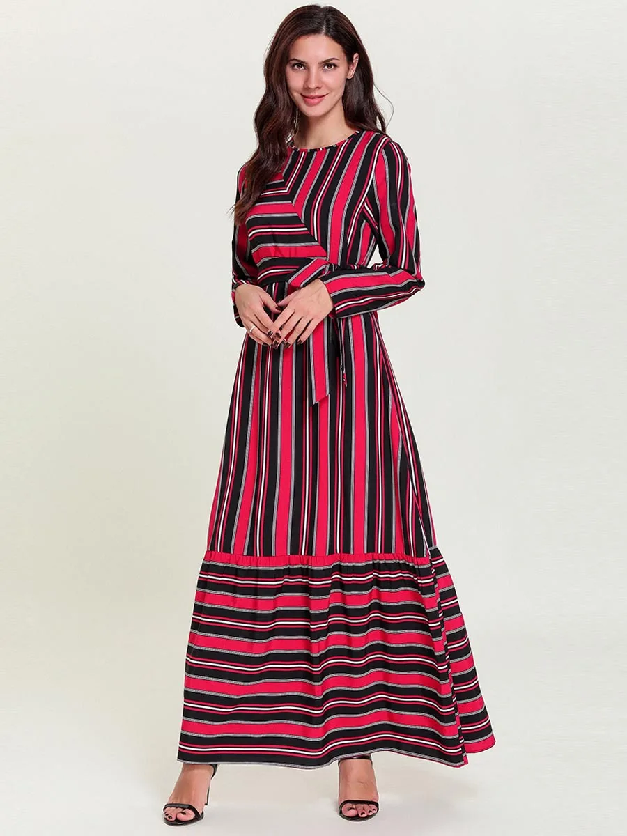 Бандажные женские мусульманские платья abaya Femme Дубай Турецкая индейка Бангладеш нарядное платье в арабском стиле Красный Полосатый Восточный халат из марокена Исламская одежда