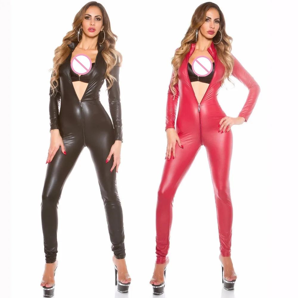 Женский комбинезон из искусственной кожи с открытой промежностью и молнией|latex