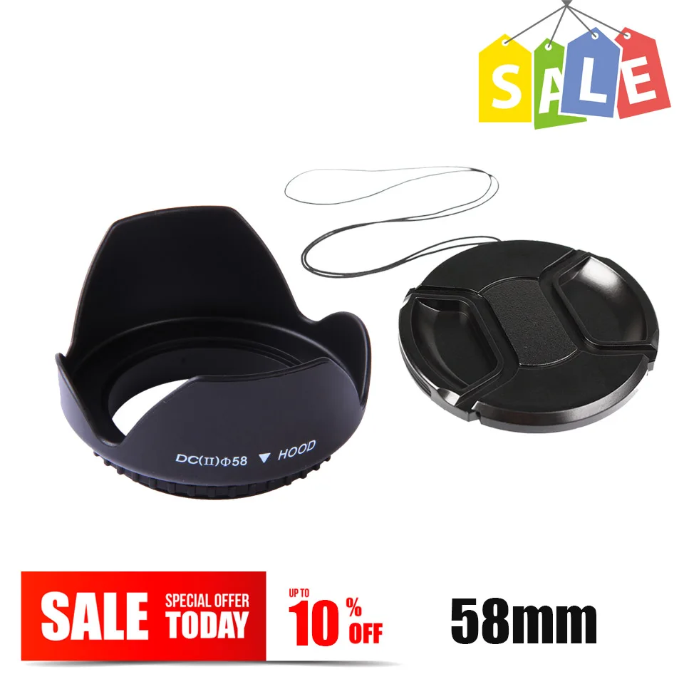 

58 мм Цветочная бленда для объектива с винтовым креплением + крышка с защитой от потери для Nikon Sony Canon EOS 1300D 1200D 800D 760D 750D 700D 650D 600D 100D 80D