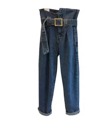 blue Женские джинсы с поясом, 2 цвета, Женские однотонные плотные обычные брюки, высокая талия, студенческие облегающие длинные брюки - Цвет: blue
