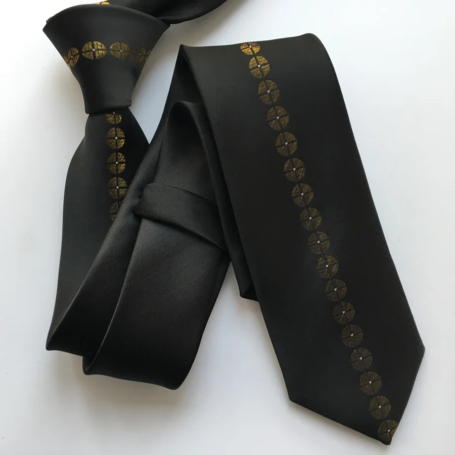 

Designer's Panel Ties Fashion Festival Skinny Necktie Black with Golden Dots Stripes High Quality Woven Free Shipping