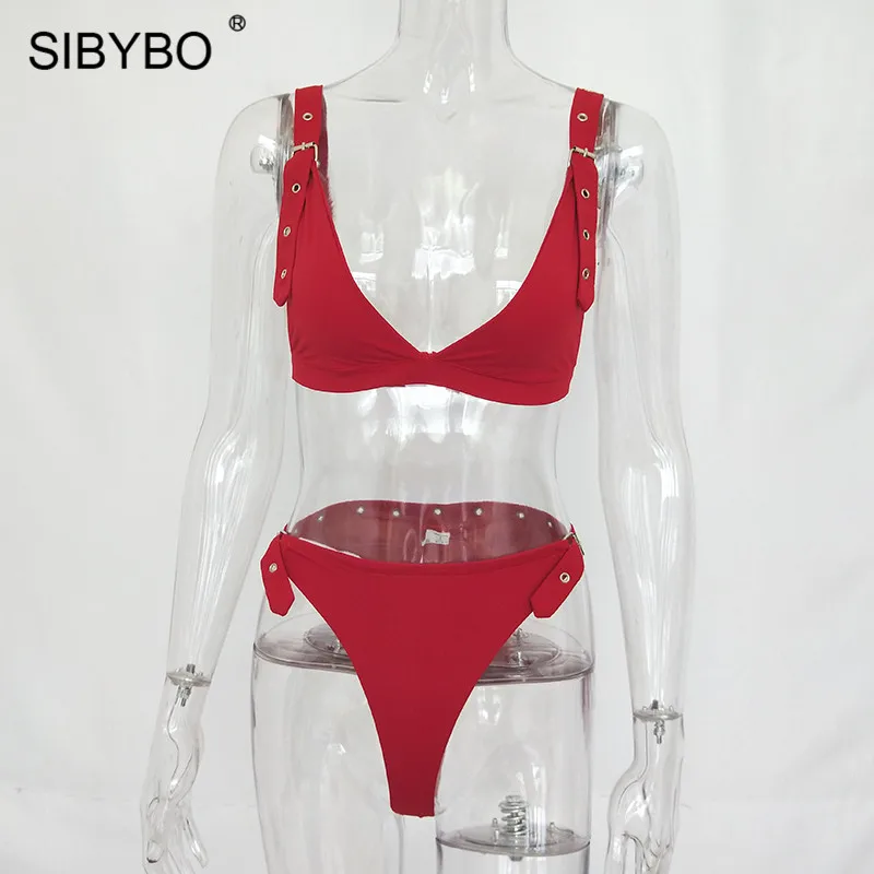 Sibybo, регулируемый ремень, спагетти ремень, сексуальный боди для женщин, v-образный вырез, обтягивающий комплект из двух предметов, женский комбинезон, пляжные женские комбинезоны - Цвет: Красный