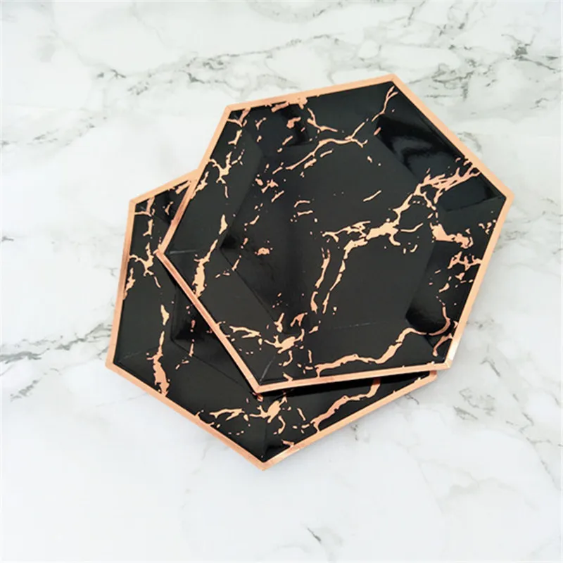 48 шт черный с фольгой Роза бумажная тарелка мраморный узор стол минималистичный