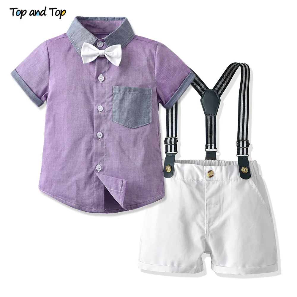 Top and Summer Kids Boys Casual Clothing Sets Short Sleeve Purple Shirt+Overalls Children Boy Gentleman Outfits Bebe Suit |