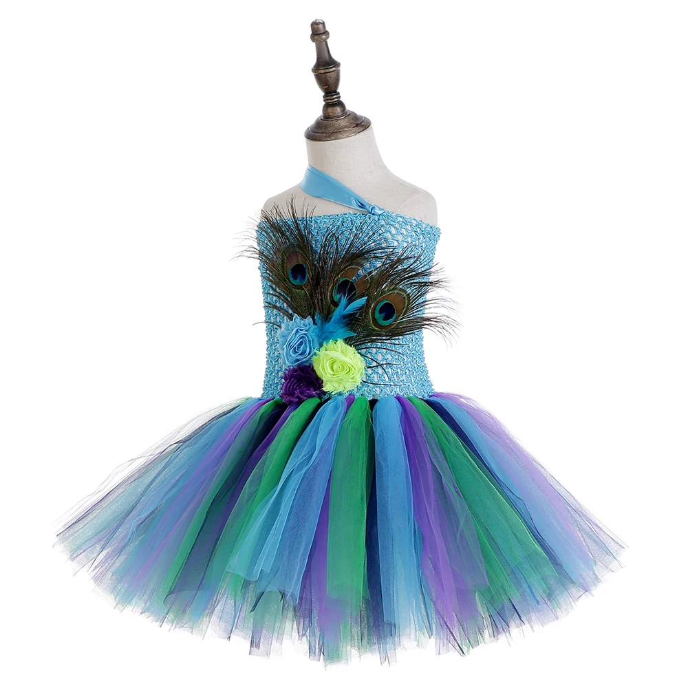Peacock Tutu Dress Baby Girl Knee Length One Shoulder Feather Flower Wedding Birthday Party Dresses Children Animal Clothes Set | Детская