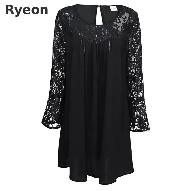 Ryeon 2017 Весна Шифон Кружева Лоскутные Женщины Блузки О-Образным Вырезом Solid Полный