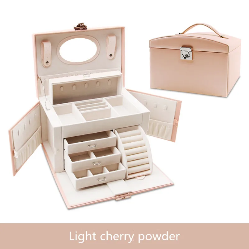 Light Cherry Powder Европейский стиль, шкатулка для ювелирных изделий, большая емкость, органайзер для ювелирных изделий, многослойный Чехол для макияжа, многофункциональное ожерелье, кольца, коробки для ювелирных изделий - Цвет: Light Cherry Powder