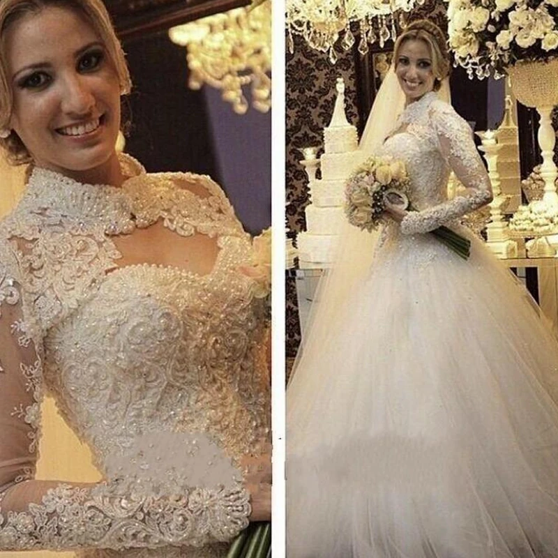 2017 New Vintage Ball Gown Tulle Wedding Dresses Long Sleeves Arabic Muslim Pearls Beaded Bridal Gowns Lace Appliques | Свадьбы и