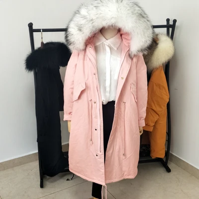 Pink White BlackTips Белые парки на утином пуху, mujer, размера плюс, свободный женский пуховик с капюшоном, большой меховой воротник, стеганое зимнее пальто для женщин, B552 - Цвет: Pink White BlackTips