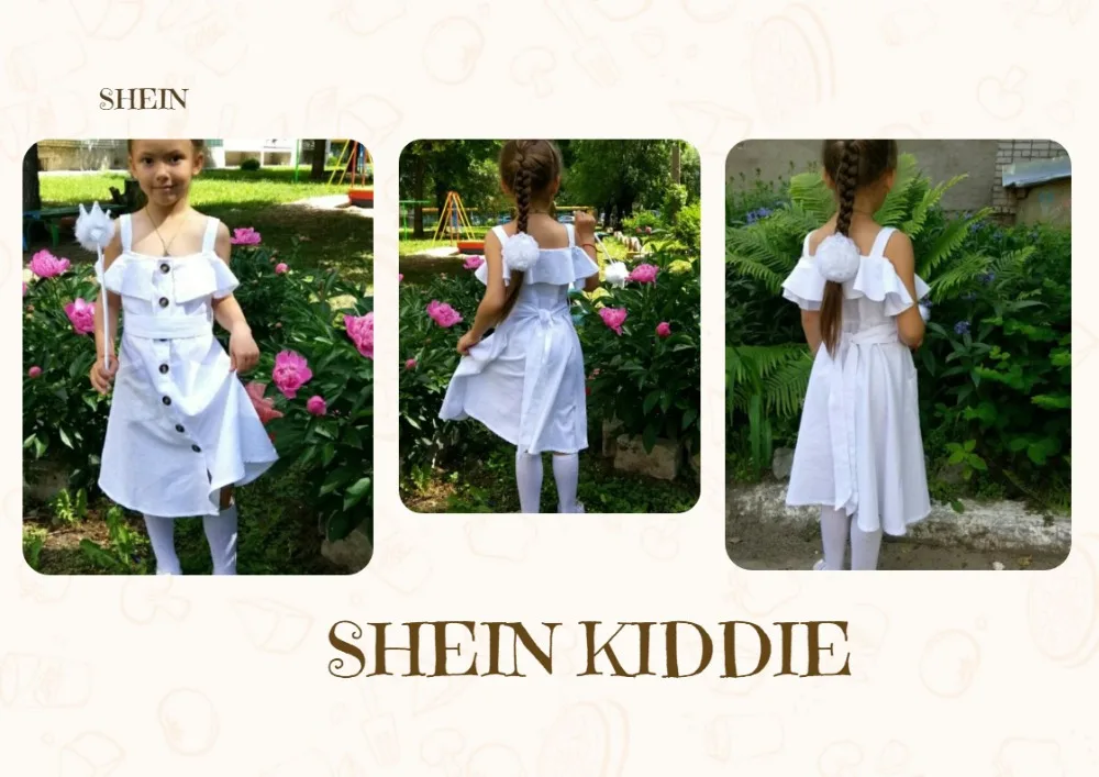 SHEIN детский белый с открытыми плечами и отделкой рюшами и поясом Рубашка Boho платье летние пуговицы спереди Высокая талия по колено милое платье