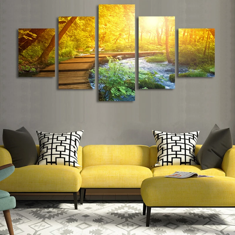 2017 Настоящая Горячая Распродажа Неоправленная 5 Частей Современного Холста Картины Декоративного Пейзажа Леса Заката Для Домашнего Декора.