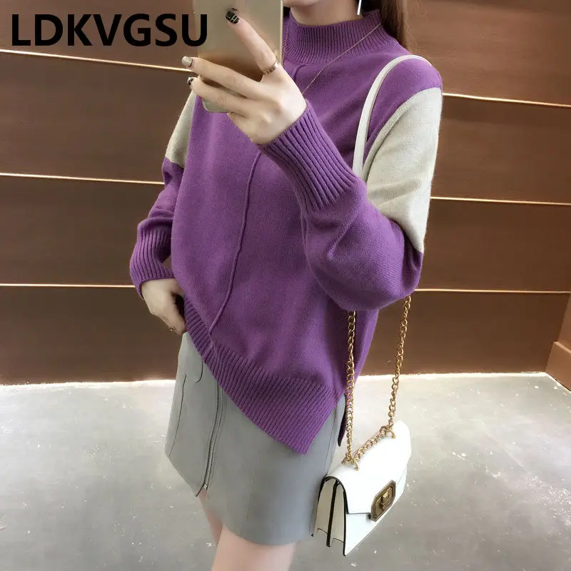 

2018 Autumn Winter New Korean Sweater Female Loose Pullover Half-High Collar Short Stitching Color Wild Women Sweater Is1518