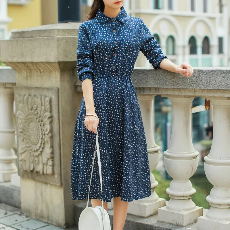 Navy Blue Японский консервативный Стиль Осень Зима Женское платье темно-синее вино красное цветочное Ретро Vestidos Longo великолепное вельветовое милое платье миди - Цвет: Navy Blue