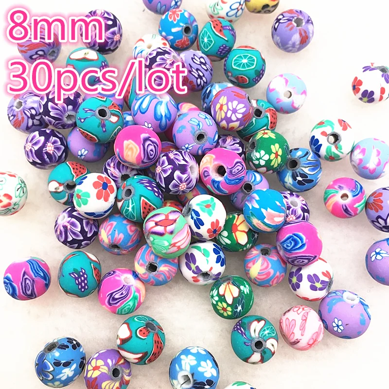 

30pcs 8mm Polymer Clay Flower Pattern Printing Mix Colors Beads Round Spacer Loose Beads for Making Jewelry
