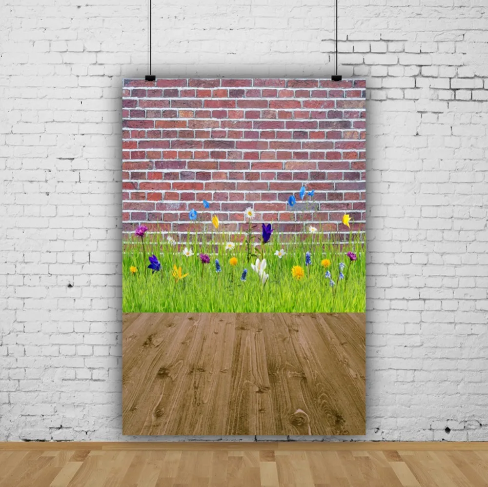Laeacco Brick Wall Wooden Floor Spring Flowers Grass Baby Child Scenic Photo Backgrounds Photography Backdrops Studio | Электроника