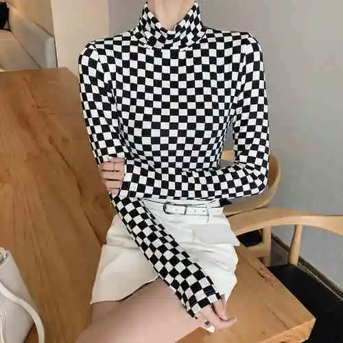 Checkerboard Женская рубашка с длинным рукавом, осень, корейский стиль, винтажная, черная, белая, шахматная, с высоким воротом, тонкая, базовая футболка, Топ для женщин T313 - Цвет: Checkerboard