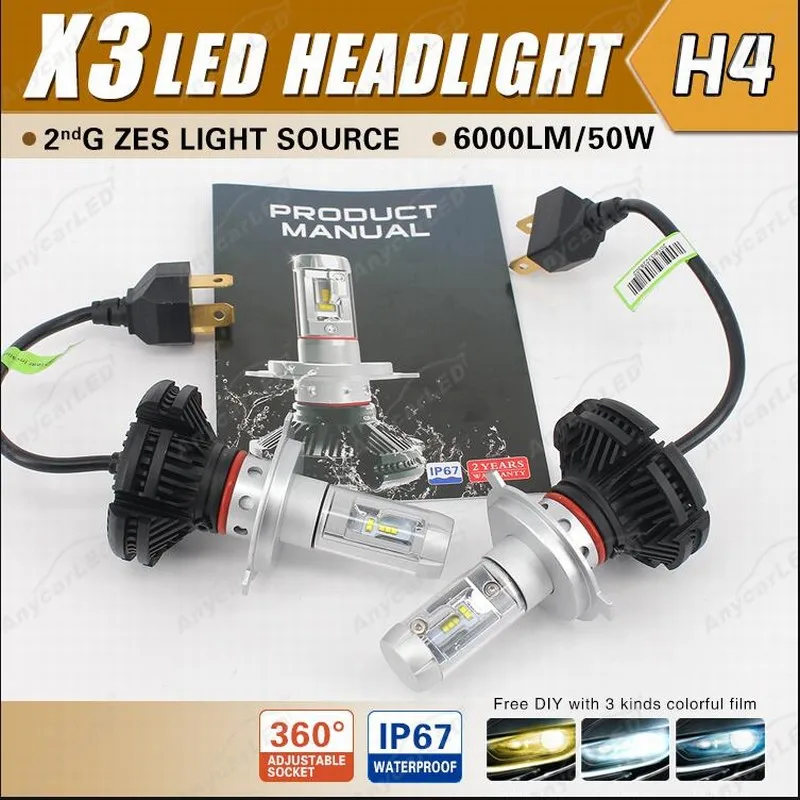 Светодиодные Автомобильные фары All in One X3 ZES 2 шт. чип H7 H4 H1 9005 9006 H11 50 Вт 6000 К
