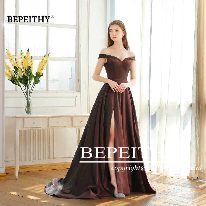 BEPEITHY Abendkleider с открытыми плечами длинные платья для выпускного вечера с высоким разрезом красные блестящие Светоотражающие вечерние платья Robe De Soiree