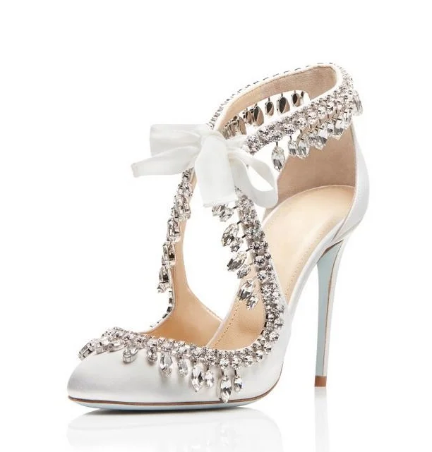

Elegant White Satin Wedding Shoes Bride Bling Bling Crystal Tassel Lace-up Cut-out High Heels Women Pumps Plus Size 10