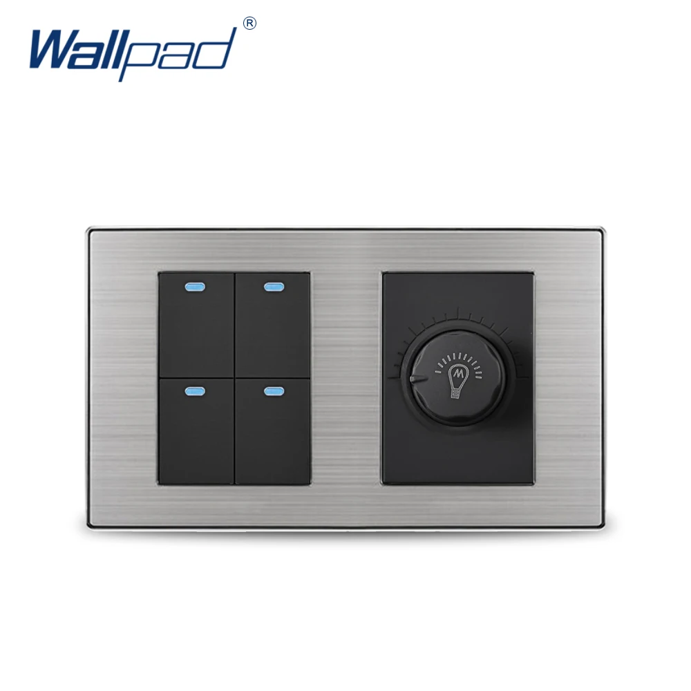 Wallpad № 4 Gang 2 позиционный переключатель с диммером Роскошные атласные металла Панель настенный светильник переключатель с Светодиодный индикатор 160*86 мм - Цвет: Black