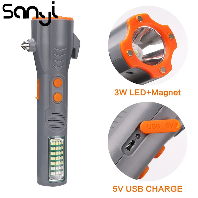 

Multipurpose Emergency Car Vehicle Magnetic Warning Flashlight Safety Hammer Window Breaker Tool With USB Charging Interface