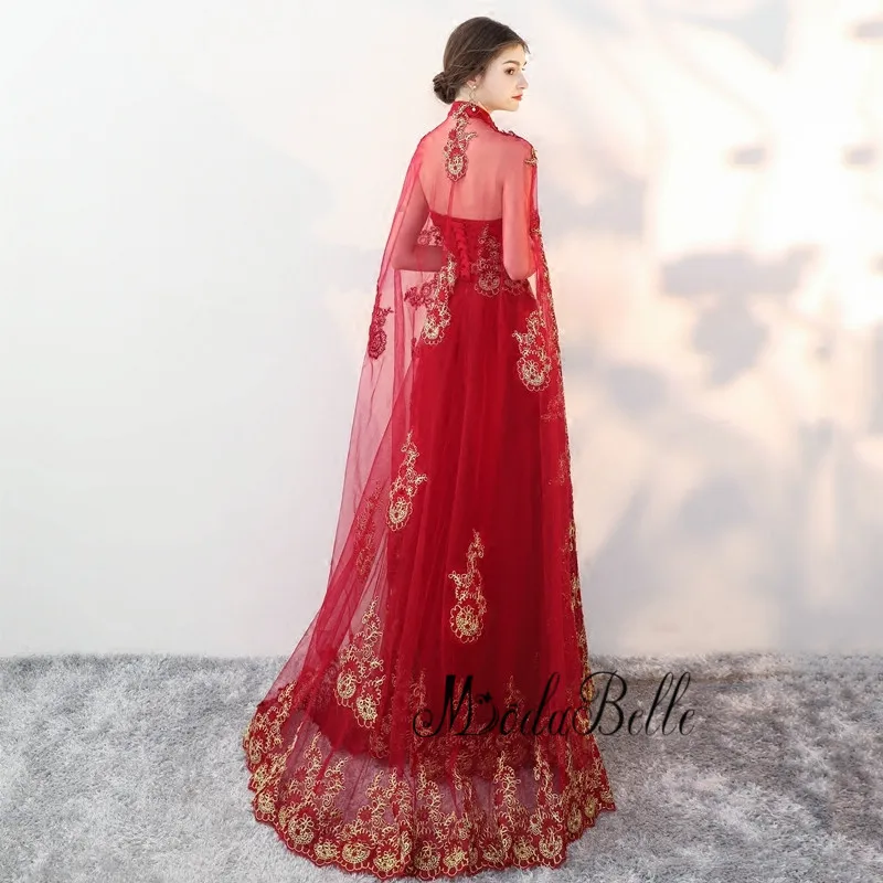 modabelle 2018 Muslim Burgundy And Gold Lace Evening Dress With Cape Caftan Marocaine Long Party Vintage Formal Gown | Свадьбы и