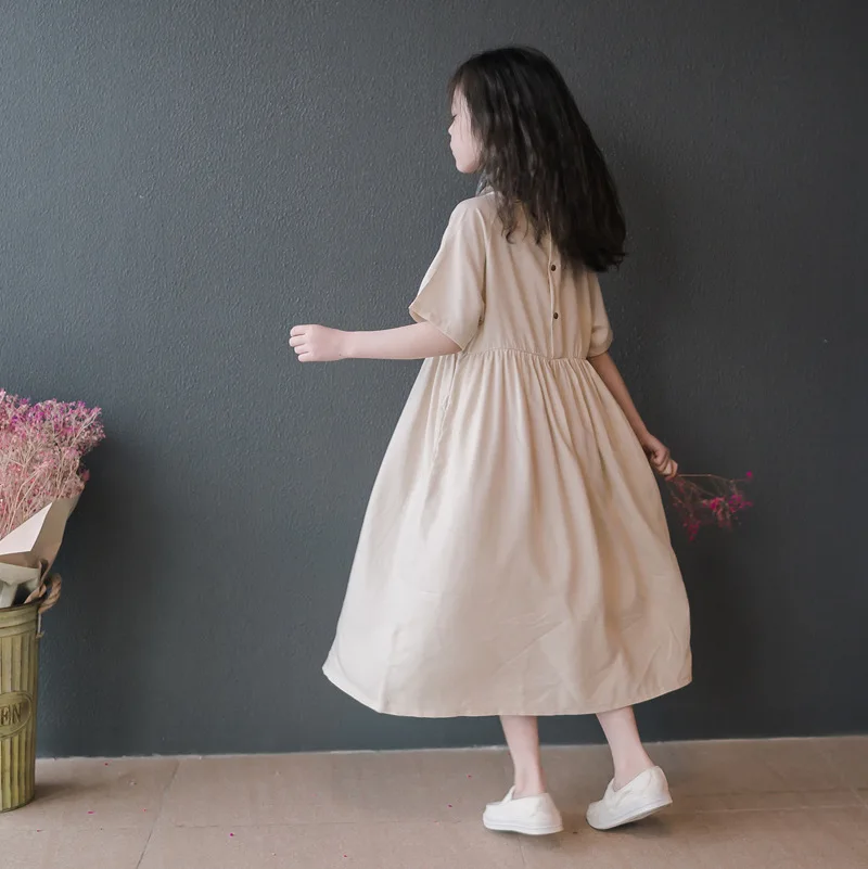 cotton button maxi long big girl dress 2019 summer loose kids Beige princess Party Frocks Fashion children teenage Girl clothing | Детская