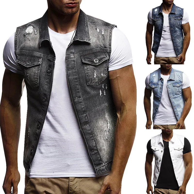 Жилет мужской джинсовый для бега рваный ковбойский Топ без рукавов с дырками