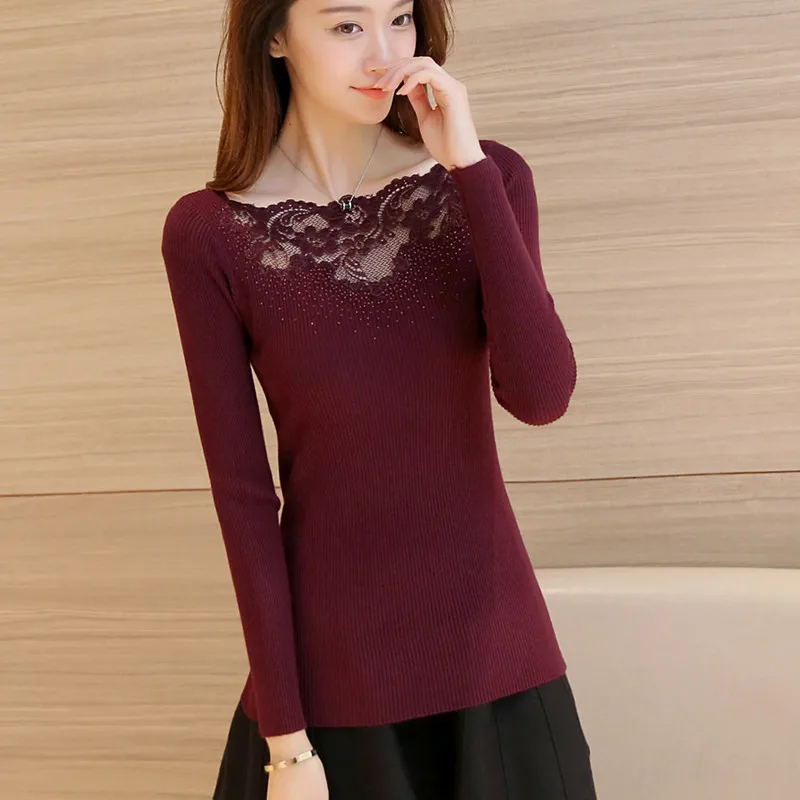 Women Pullover Sweater Mujer 2021 New Autumn Winter Casual Slash Neck Knitted Top Long Sleeve Sexy Lace Basic Sweaters | Женская одежда
