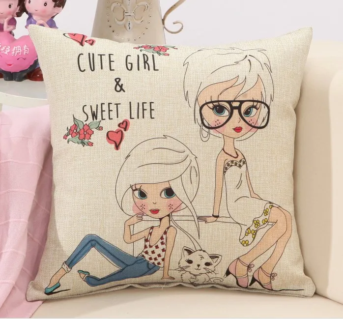 Подушка для домашнего декора с героями мультфильмов девочек красивая льняная