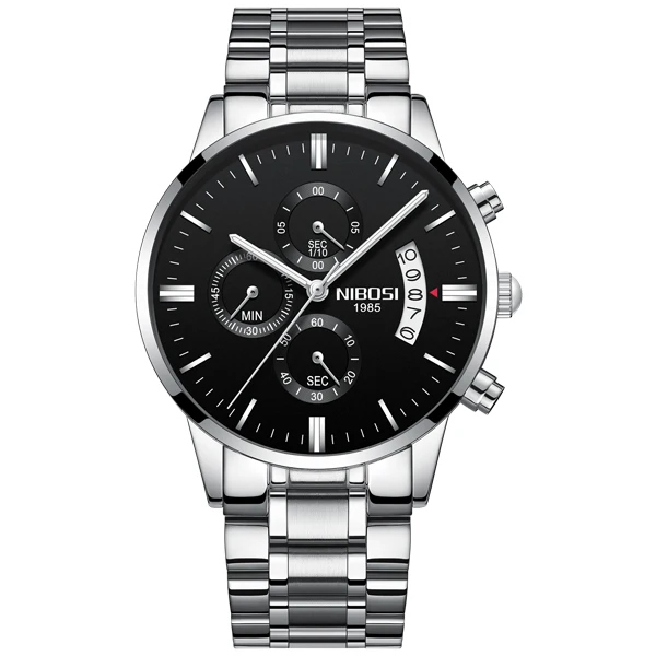 Silver Black Steel NIBOSI Relogio Masculino A Prova d'gua Grande часы мужские роскошные брендовые полностью Стальные кварцевые часы мужские кожаные часы с хронографом - Цвет: Silver Black Steel