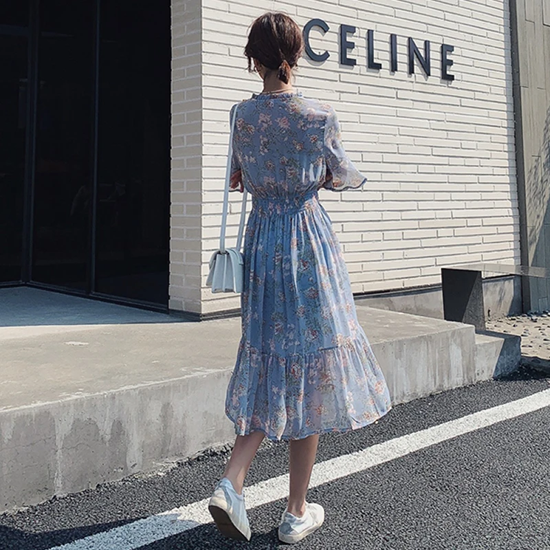 2019 летние модные женские платья с коротким рукавом шифоновое платье цветочным