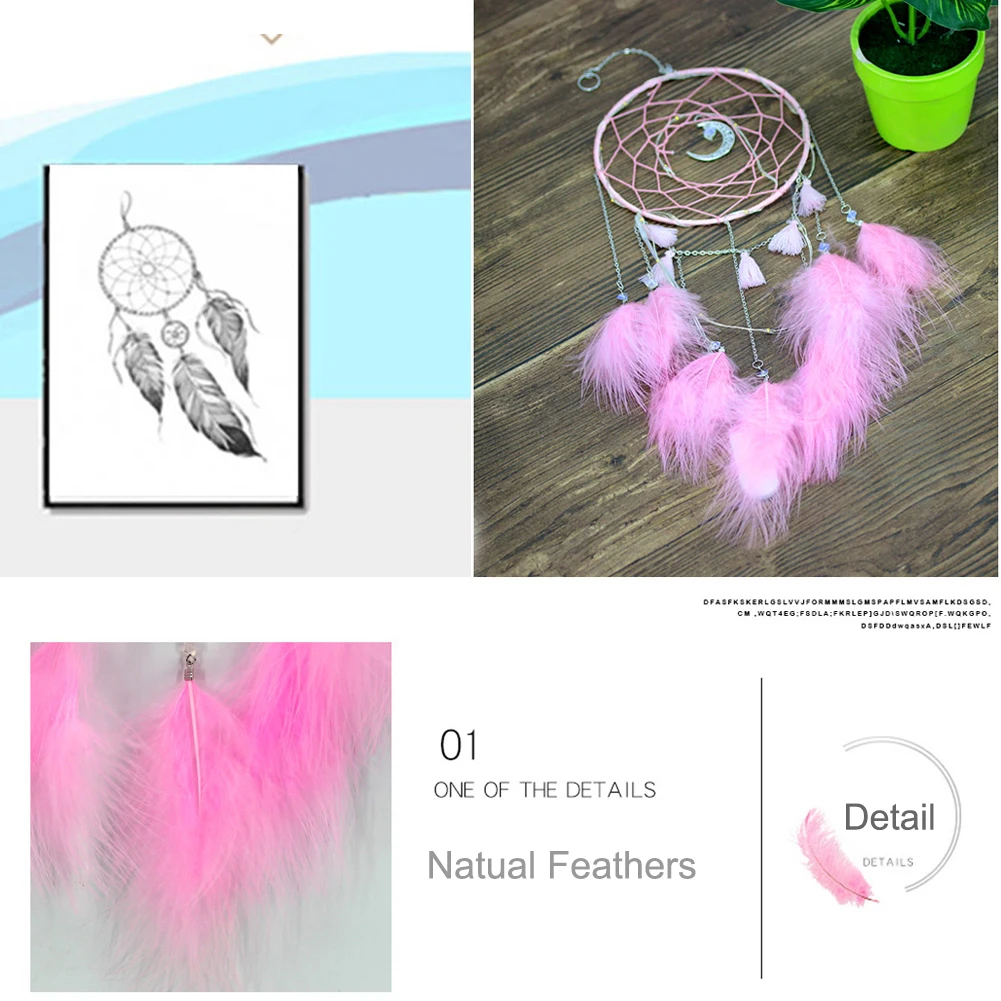 Dream Catcher DIY Home decoration Handmade led Lighting Moon Design Feather Craft Hanging Dream Catcher for Kids girls room Gift