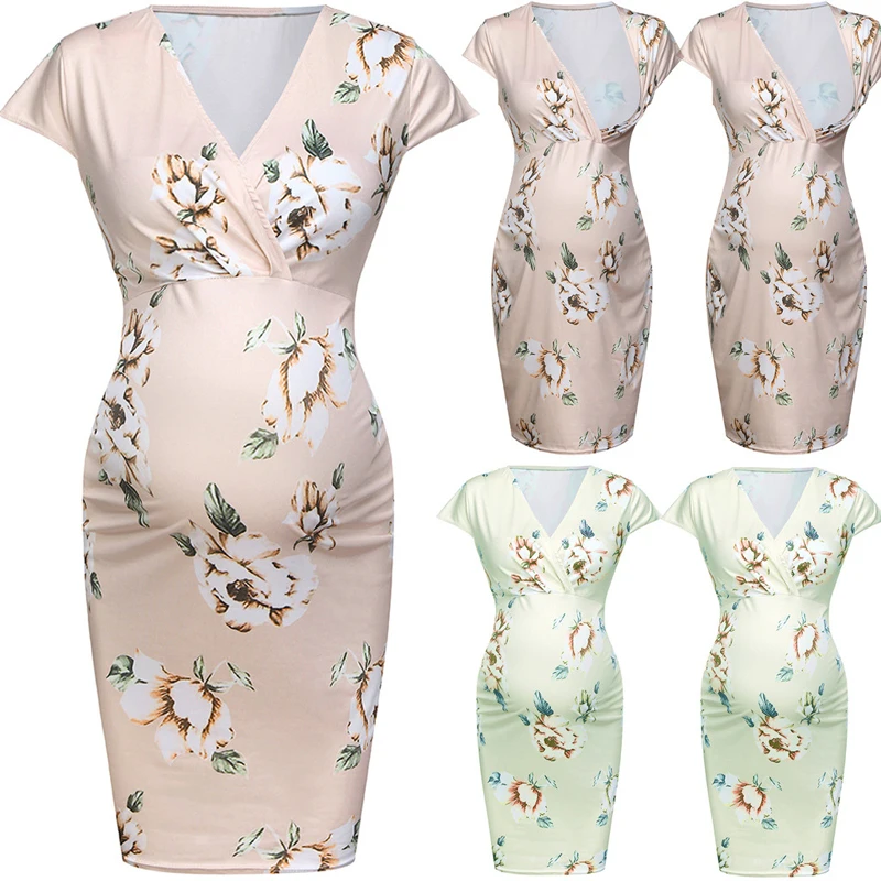 Emotion Moms Women Pregnancy Dress Deep V Neck Maternity Summer Floral Pregnant Wear Fashion Dresses fashion summer tencel deep v neck black dress for pregnant women sleeveless knee length maternity dress loose euro size s 3xl