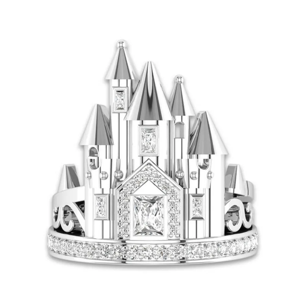 

Size 5-12 Fashion Korean Silver Color Castle Ring Cartoon Luxury Elegance New Wedding Ring Princess Hot Sales