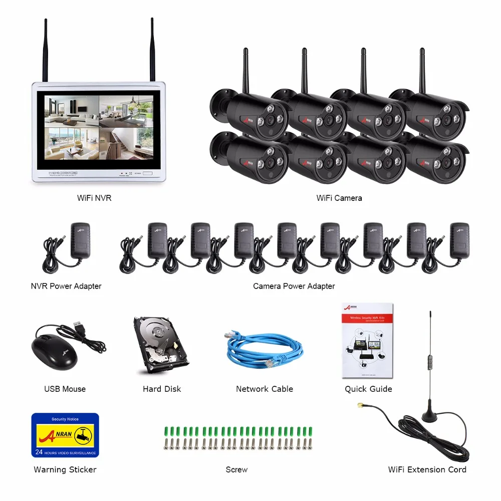 ANRAN 8CH Беспроводная система наблюдения 1" ЖК-экран Wifi NVR комплект 1080P HD H.264 уличная камера ночного видения