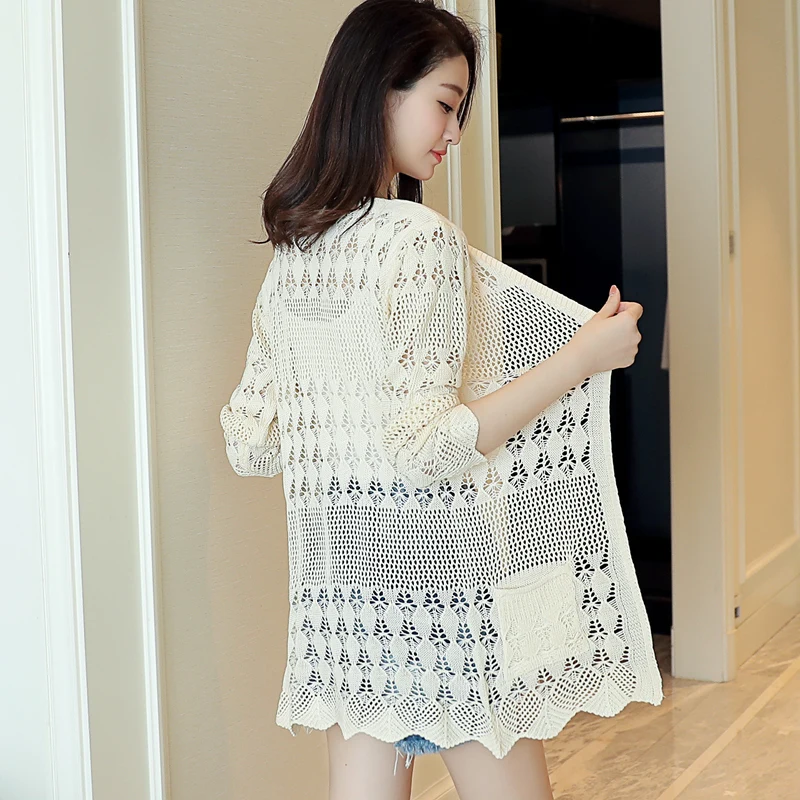 Women Thin Style Cardigan Summer New Hollows Loose Shawls Knitted Sweater Small Coat Air Conditioning Shirt Sunscreen Long Dress |